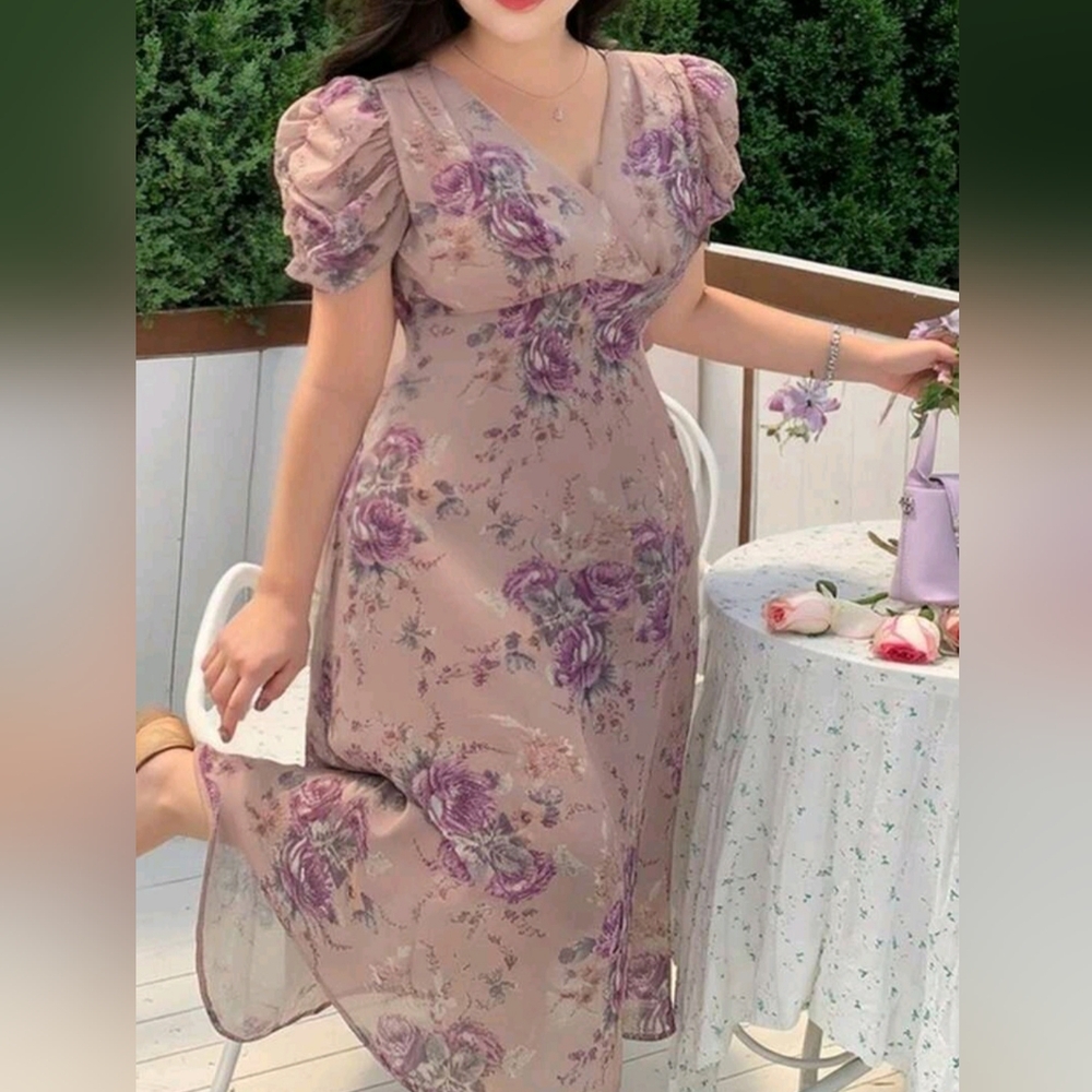 SHEIN Floral Midi Dress with Purple and Pink Hues